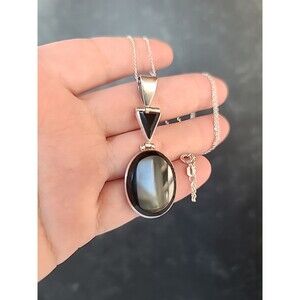 Mexican 950 Silver Faux Onyx Pendant And Italian 925 Sterling Necklace Vintage
